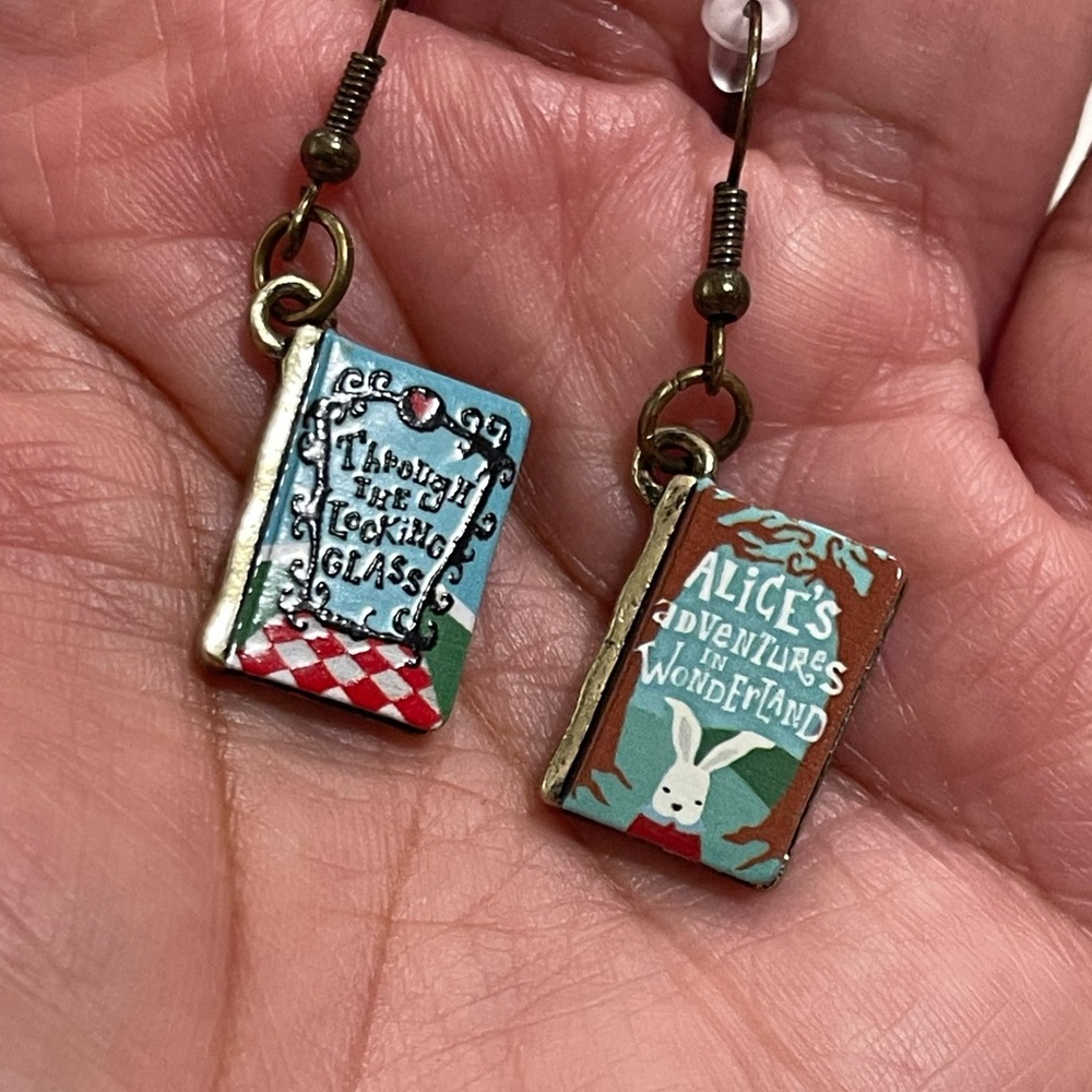 Alice’s Adventures In Wonderland Book Charm Mismatched  Oxidized Brass Earring
